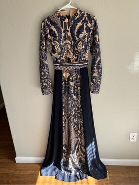 navy blue & nude sequenced long-sleeve belted, maxi evening gown by J&S size 6